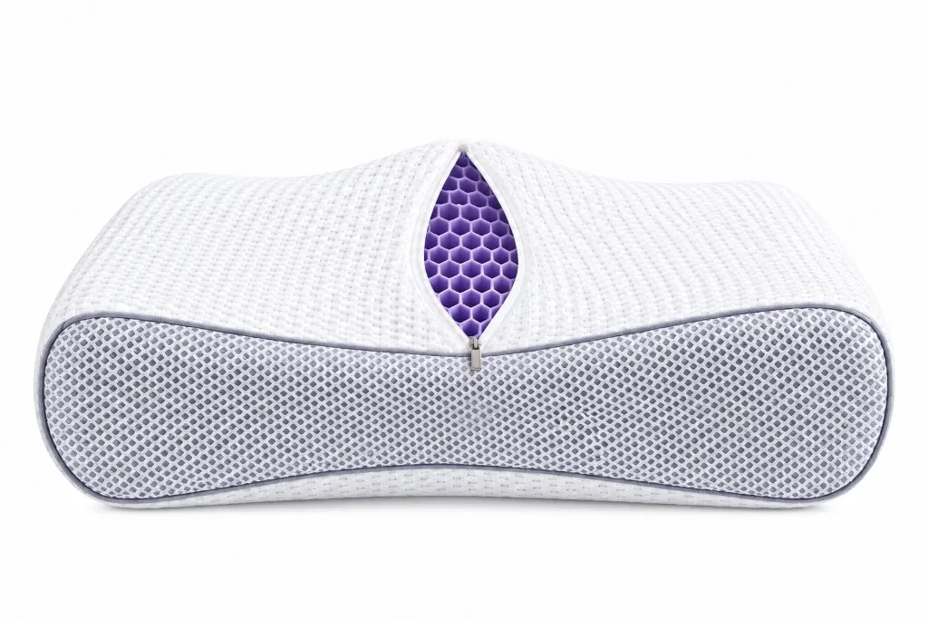 Latticore pillow with mesh cover unzipped to show the open purple grid structure inside